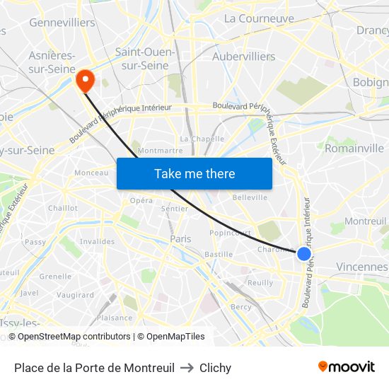 Place de la Porte de Montreuil to Clichy map