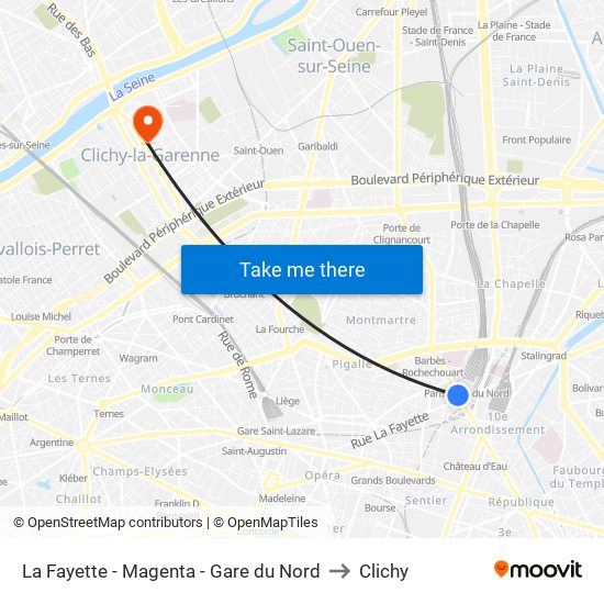La Fayette - Magenta - Gare du Nord to Clichy map
