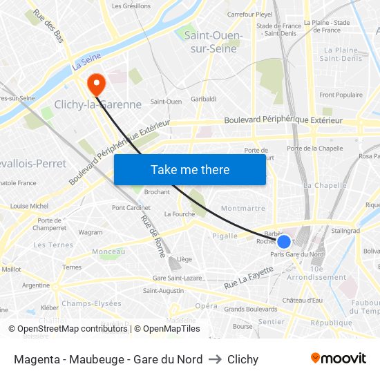 Magenta - Maubeuge - Gare du Nord to Clichy map