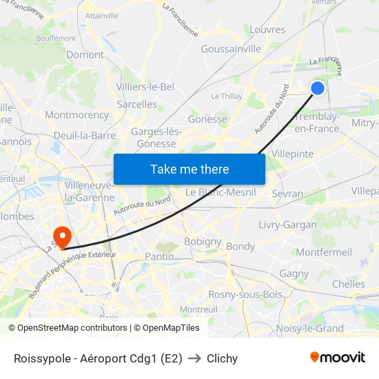 Roissypole - Aéroport Cdg1 (E2) to Clichy map