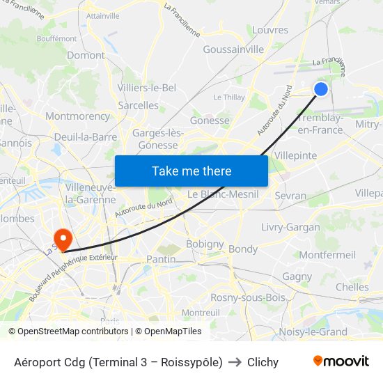 Aéroport Cdg (Terminal 3 – Roissypôle) to Clichy map