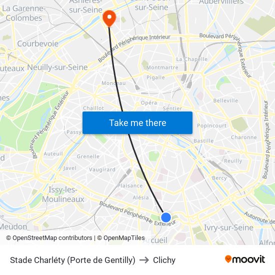 Stade Charléty (Porte de Gentilly) to Clichy map