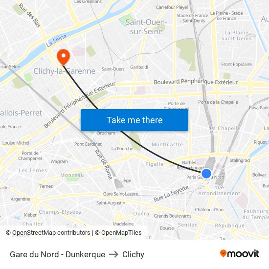 Gare du Nord - Dunkerque to Clichy map