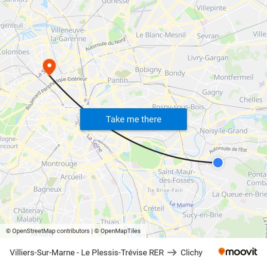 Villiers-Sur-Marne - Le Plessis-Trévise RER to Clichy map