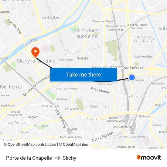 Porte de la Chapelle to Clichy map