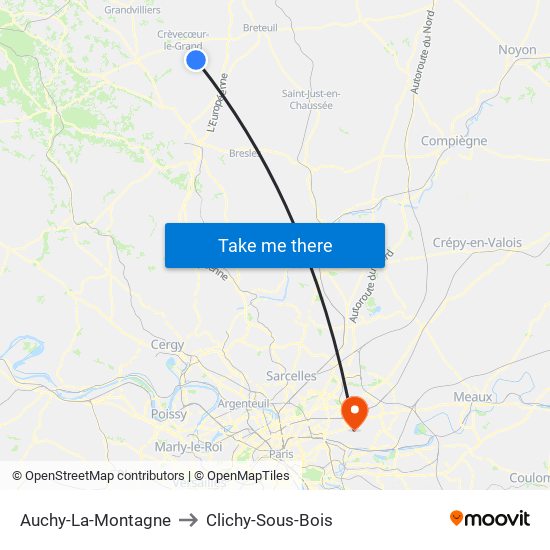 Auchy-La-Montagne to Clichy-Sous-Bois map