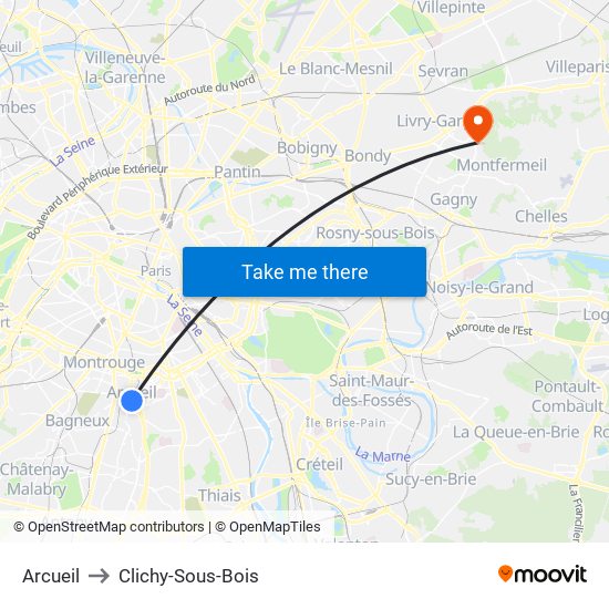 Arcueil to Clichy-Sous-Bois map