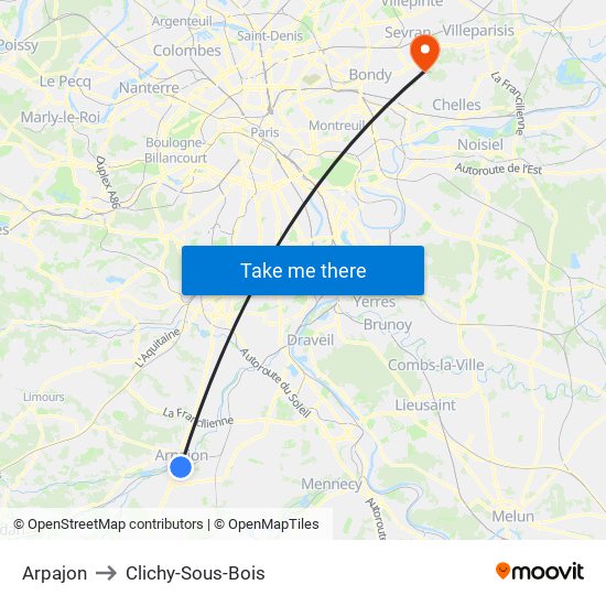 Arpajon to Clichy-Sous-Bois map
