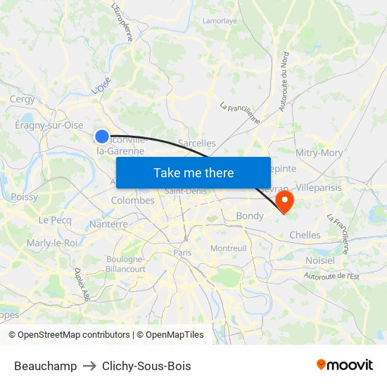 Beauchamp to Clichy-Sous-Bois map