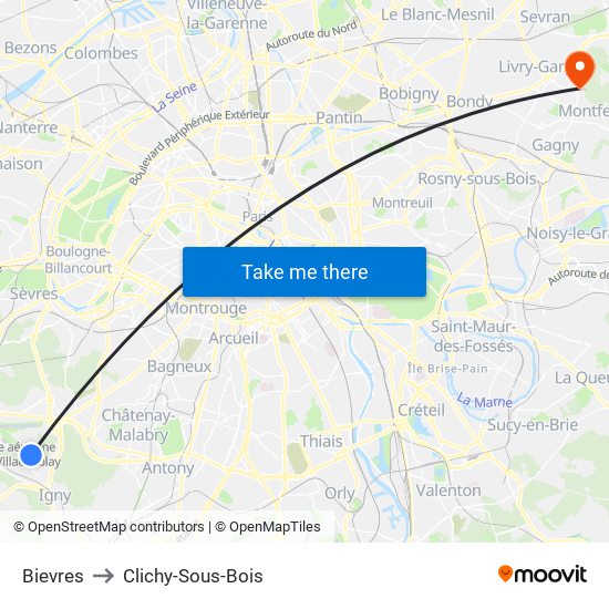 Bievres to Clichy-Sous-Bois map