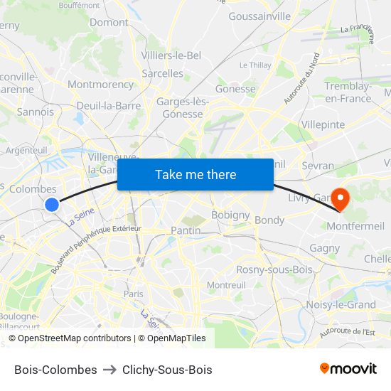 Bois-Colombes to Clichy-Sous-Bois map