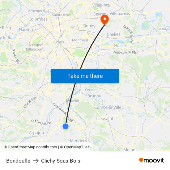 Bondoufle to Clichy-Sous-Bois map