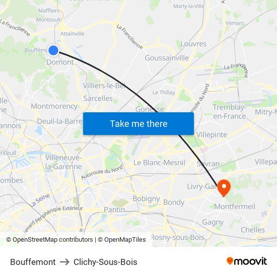 Bouffemont to Clichy-Sous-Bois map