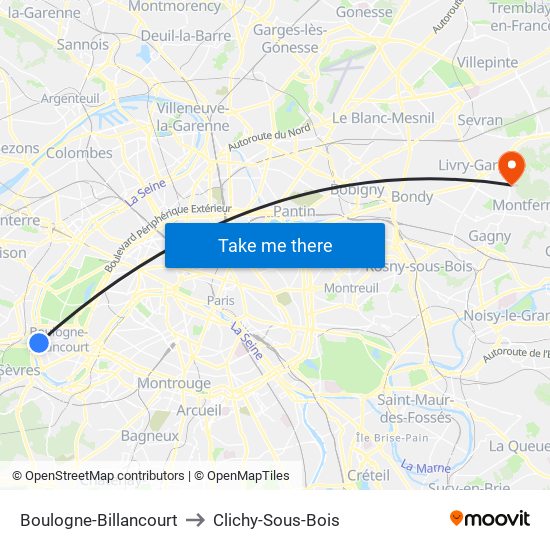 Boulogne-Billancourt to Clichy-Sous-Bois map
