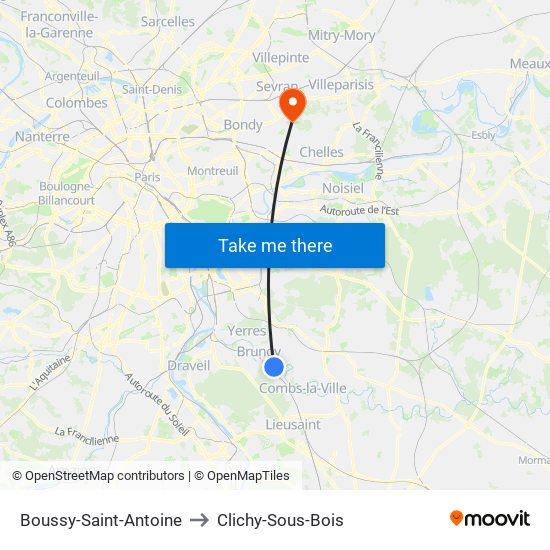 Boussy-Saint-Antoine to Clichy-Sous-Bois map