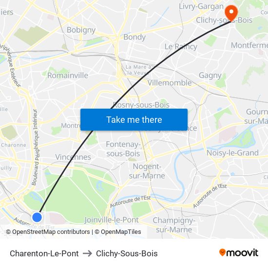 Charenton-Le-Pont to Clichy-Sous-Bois map