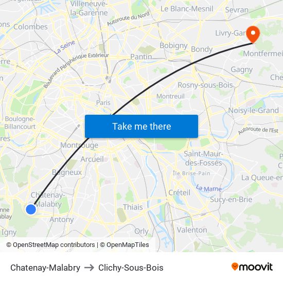 Chatenay-Malabry to Clichy-Sous-Bois map