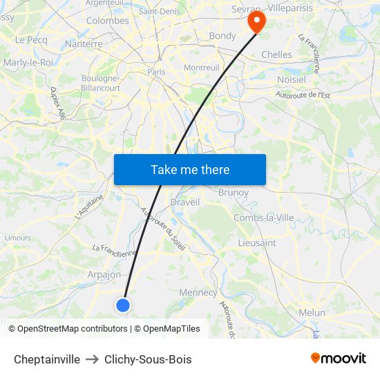 Cheptainville to Clichy-Sous-Bois map