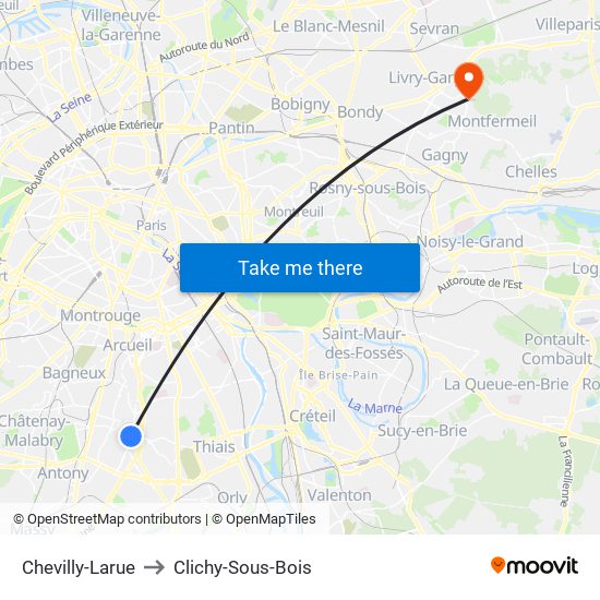 Chevilly-Larue to Clichy-Sous-Bois map