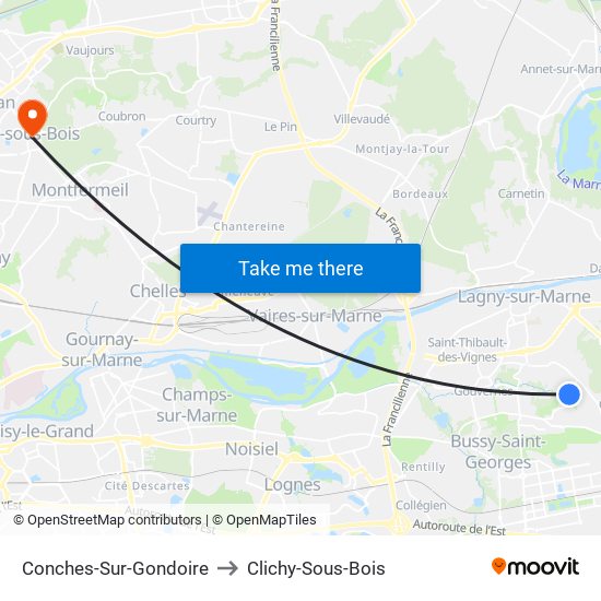 Conches-Sur-Gondoire to Clichy-Sous-Bois map