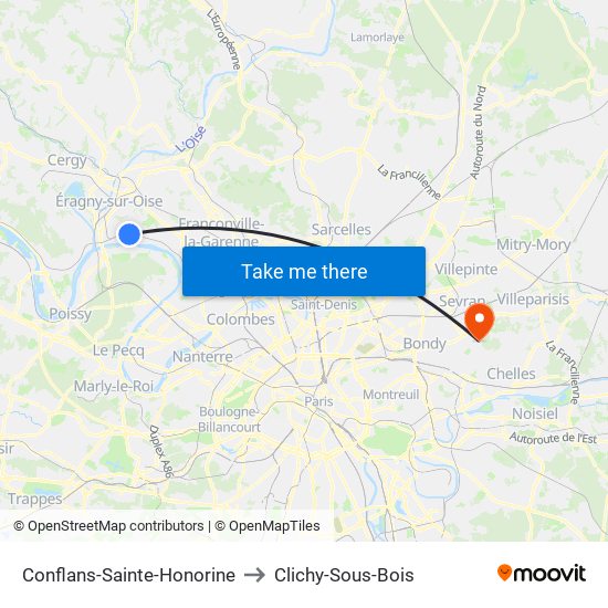 Conflans-Sainte-Honorine to Clichy-Sous-Bois map