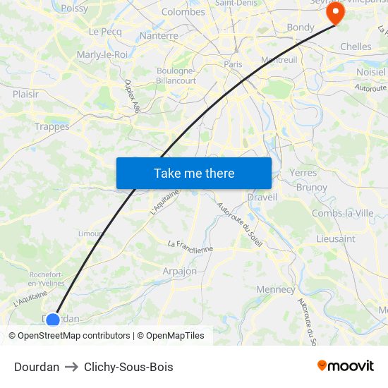 Dourdan to Clichy-Sous-Bois map