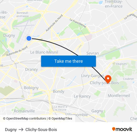 Dugny to Clichy-Sous-Bois map