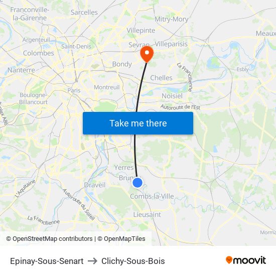 Epinay-Sous-Senart to Clichy-Sous-Bois map