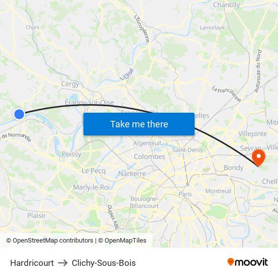 Hardricourt to Clichy-Sous-Bois map