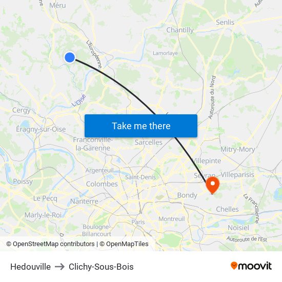 Hedouville to Clichy-Sous-Bois map