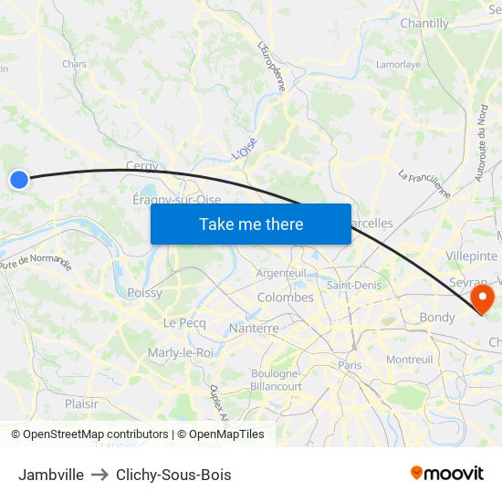 Jambville to Clichy-Sous-Bois map