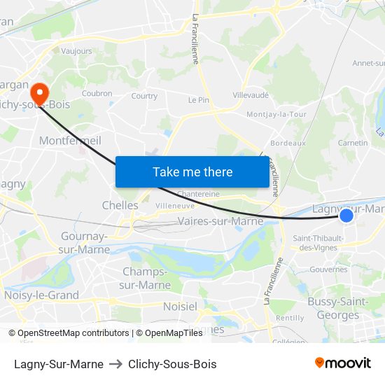 Lagny-Sur-Marne to Clichy-Sous-Bois map