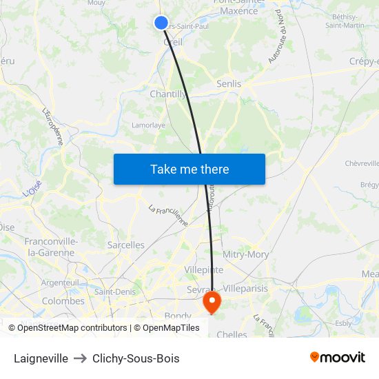 Laigneville to Clichy-Sous-Bois map