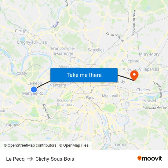 Le Pecq to Clichy-Sous-Bois map