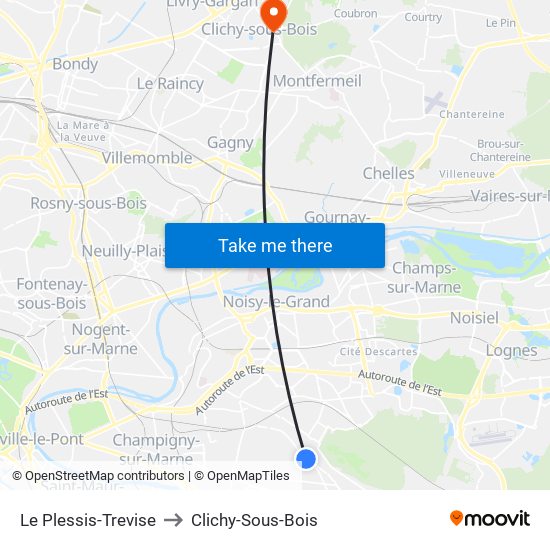 Le Plessis-Trevise to Clichy-Sous-Bois map