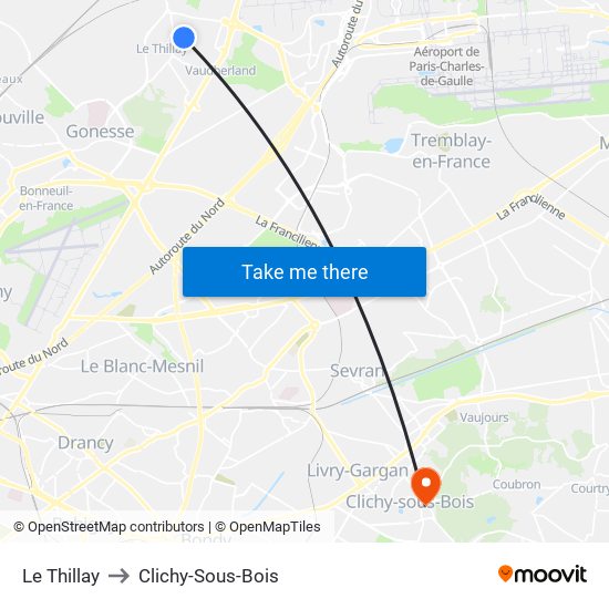 Le Thillay to Clichy-Sous-Bois map