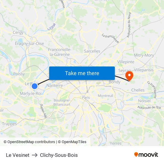Le Vesinet to Clichy-Sous-Bois map