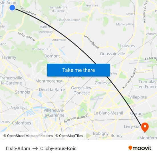 L'Isle-Adam to Clichy-Sous-Bois map