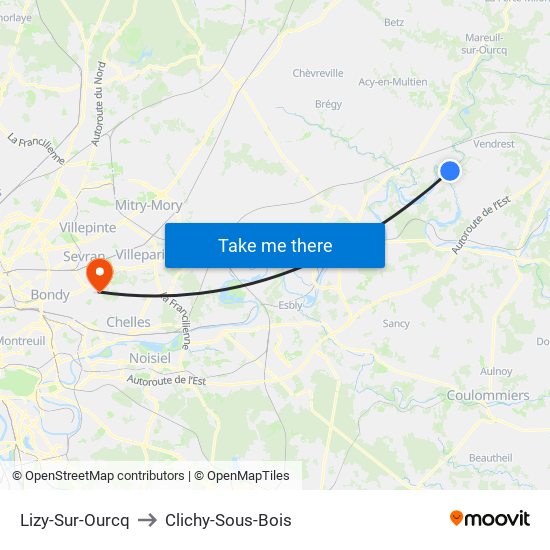 Lizy-Sur-Ourcq to Clichy-Sous-Bois map