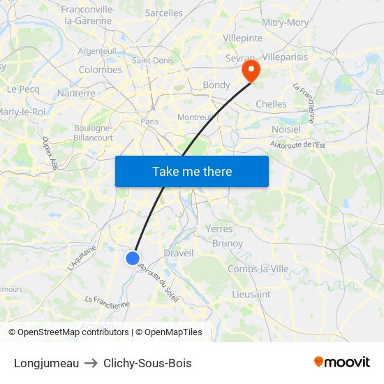 Longjumeau to Clichy-Sous-Bois map