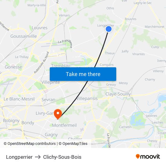 Longperrier to Clichy-Sous-Bois map