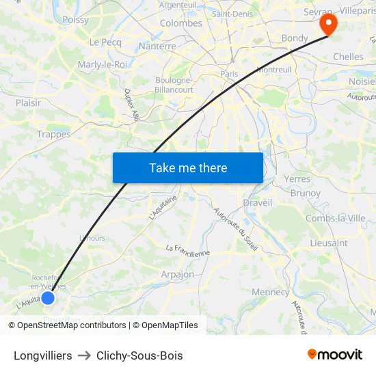 Longvilliers to Clichy-Sous-Bois map