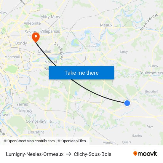 Lumigny-Nesles-Ormeaux to Clichy-Sous-Bois map