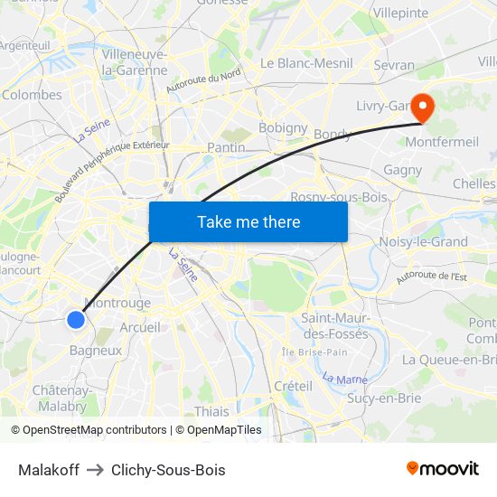 Malakoff to Clichy-Sous-Bois map