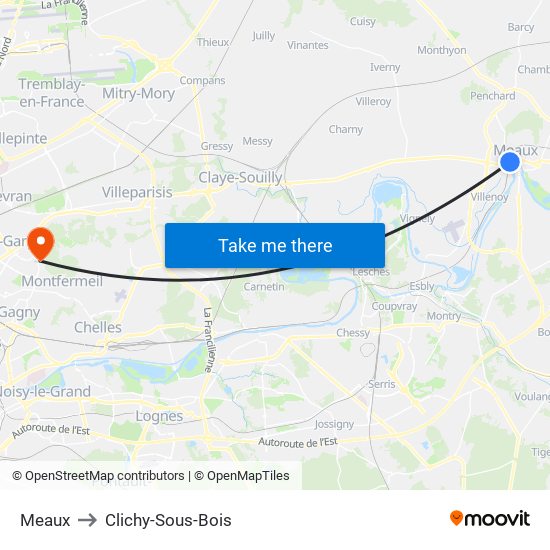 Meaux to Clichy-Sous-Bois map