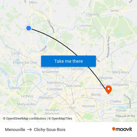 Menouville to Clichy-Sous-Bois map