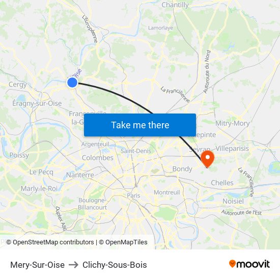 Mery-Sur-Oise to Clichy-Sous-Bois map