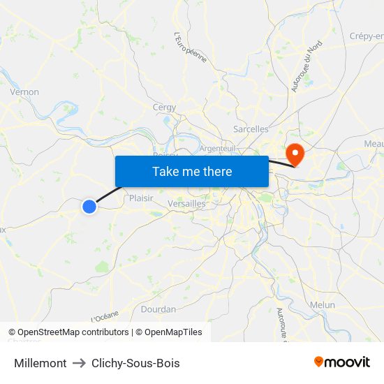 Millemont to Clichy-Sous-Bois map