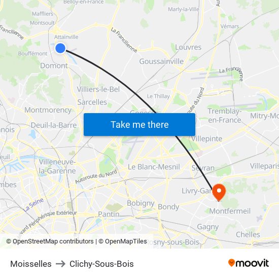Moisselles to Clichy-Sous-Bois map