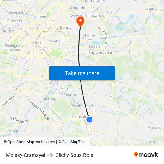 Moissy-Cramayel to Clichy-Sous-Bois map